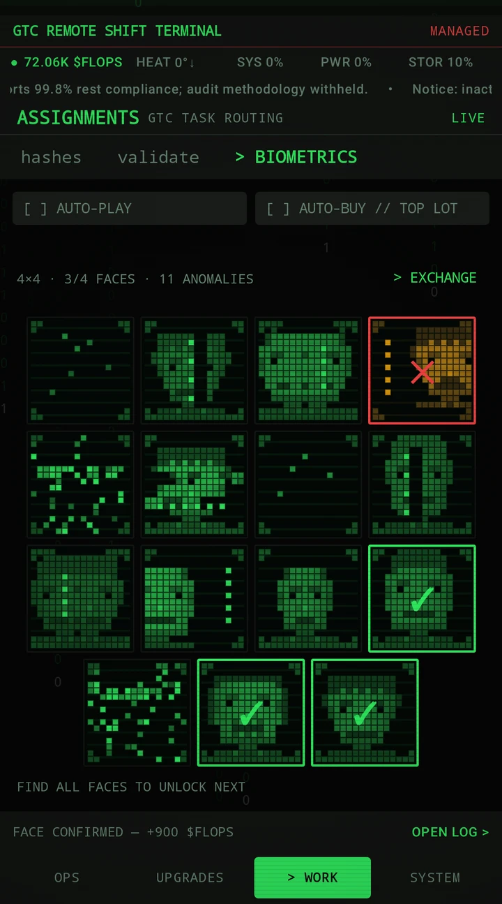 Hash Factory biometrics assignment — a grid of pixel faces being matched for anomalies