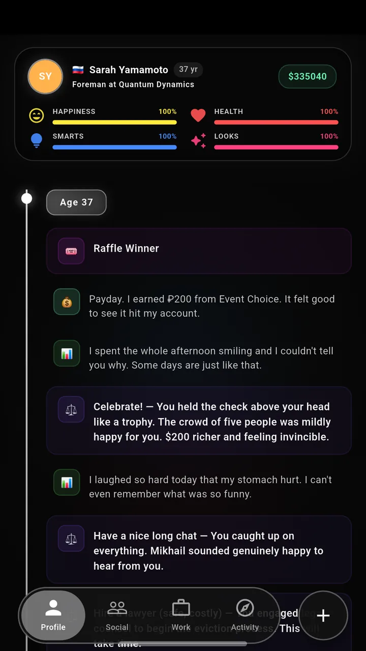 LifeOS life log — a timeline of narrated events for a character at age 37