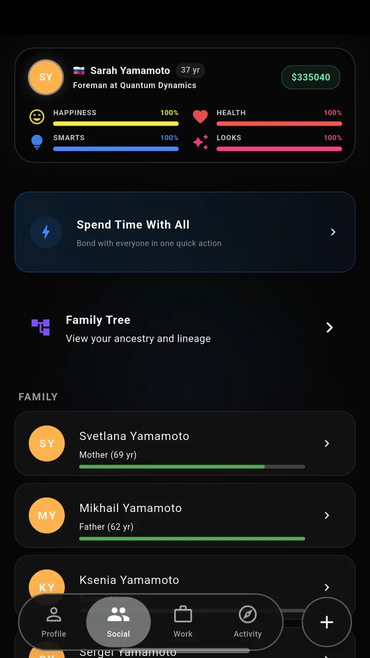 LifeOS social screen listing family members with relationship bars, plus a family tree shortcut