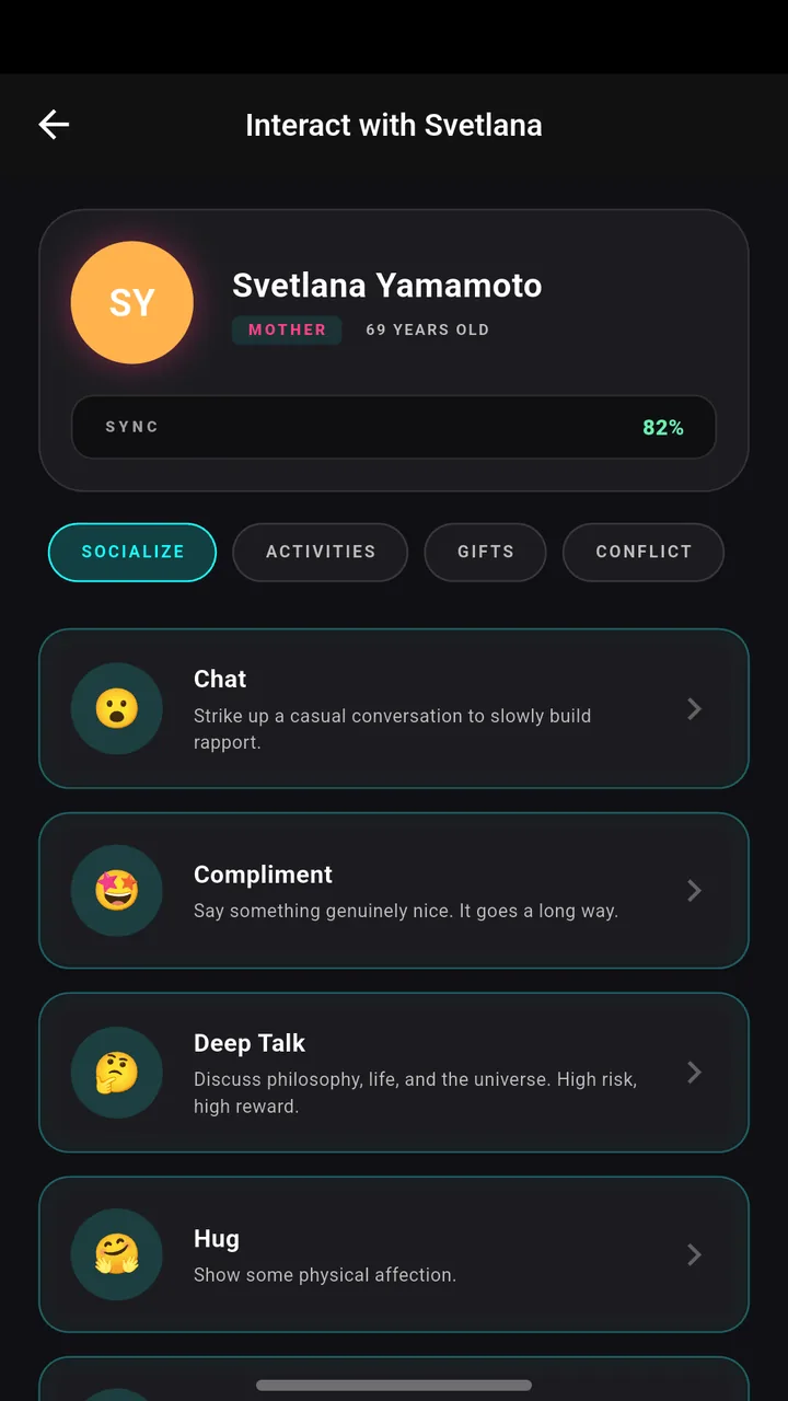 LifeOS interaction screen for a family member, offering socialize, activities, gifts and conflict options