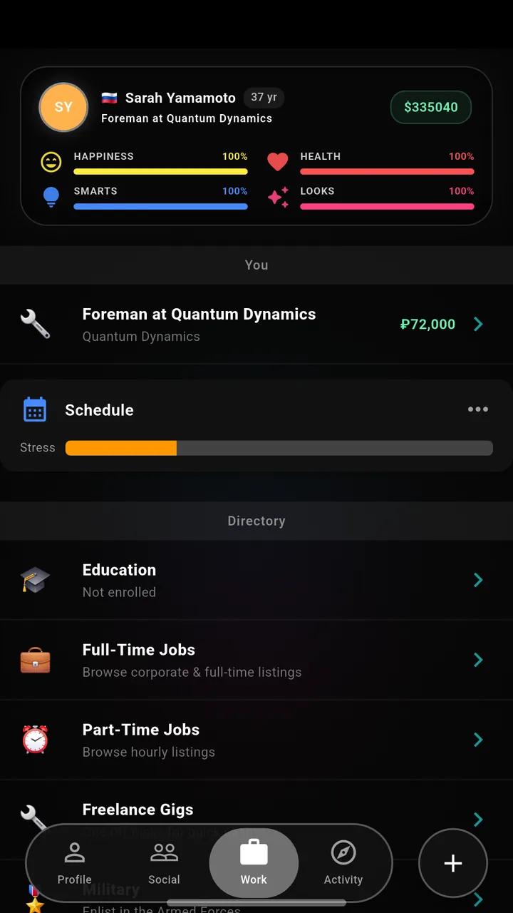 LifeOS work screen showing the current job, a stress meter, and a directory of education and job listings