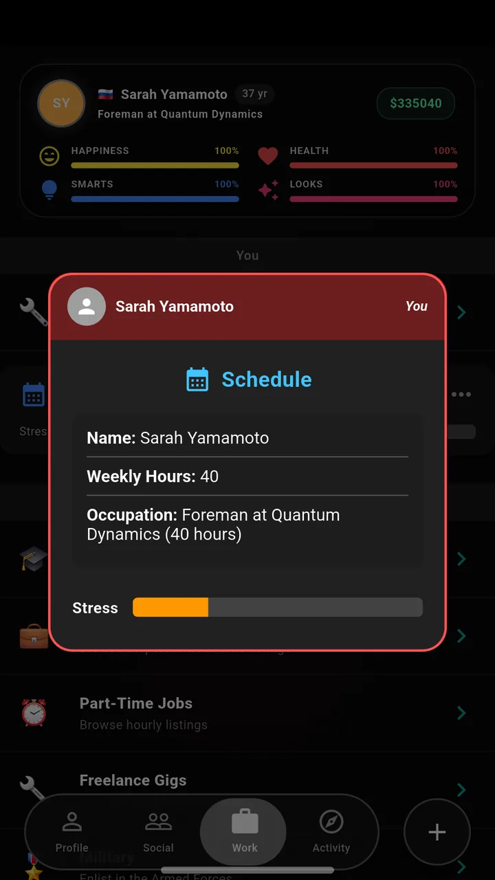 LifeOS schedule dialog showing weekly hours, occupation and a stress meter
