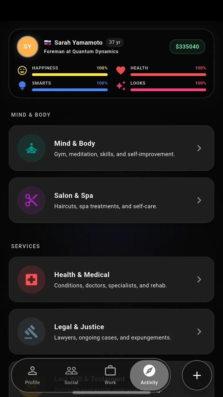 LifeOS activity directory with mind and body, salon, health and legal sections