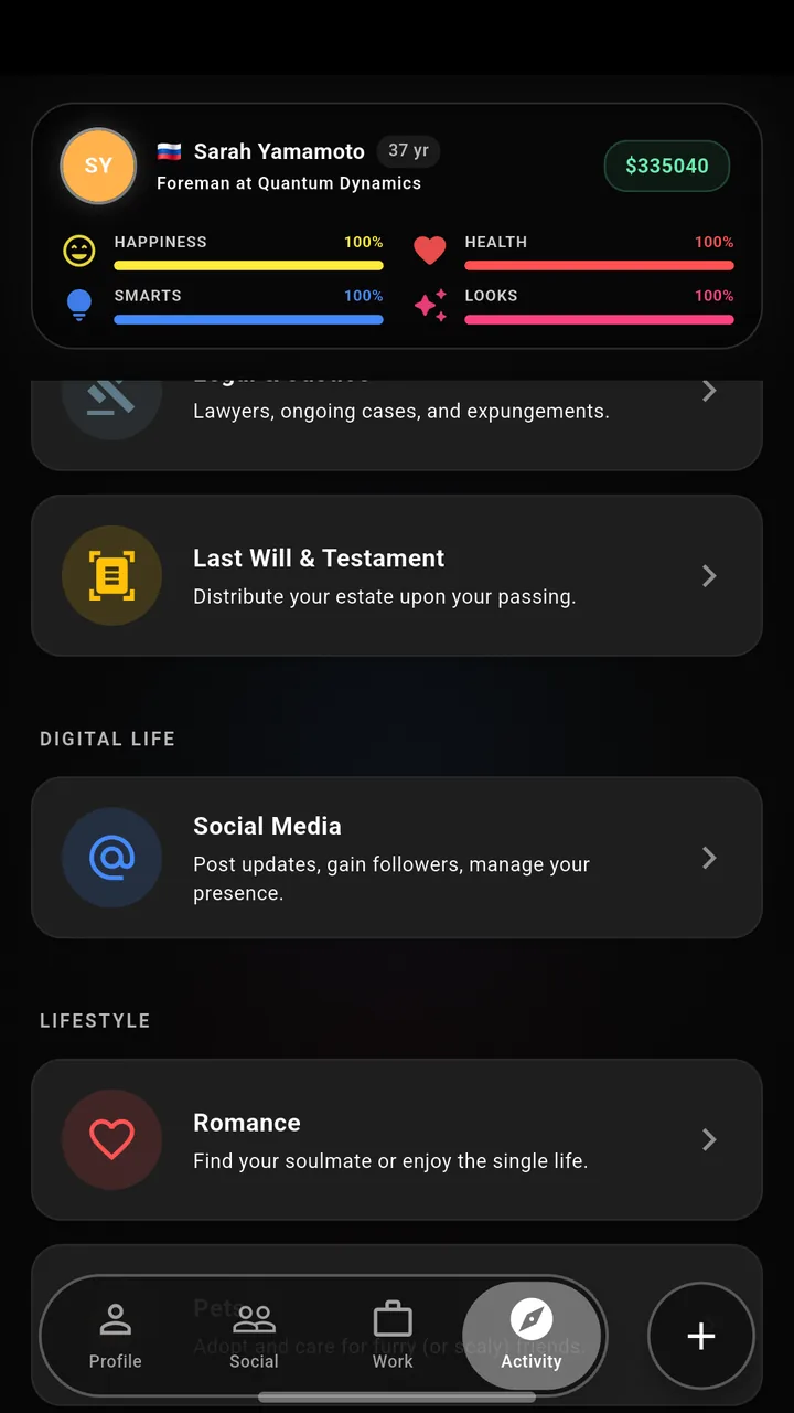 LifeOS activity directory continued, with last will, social media and romance options