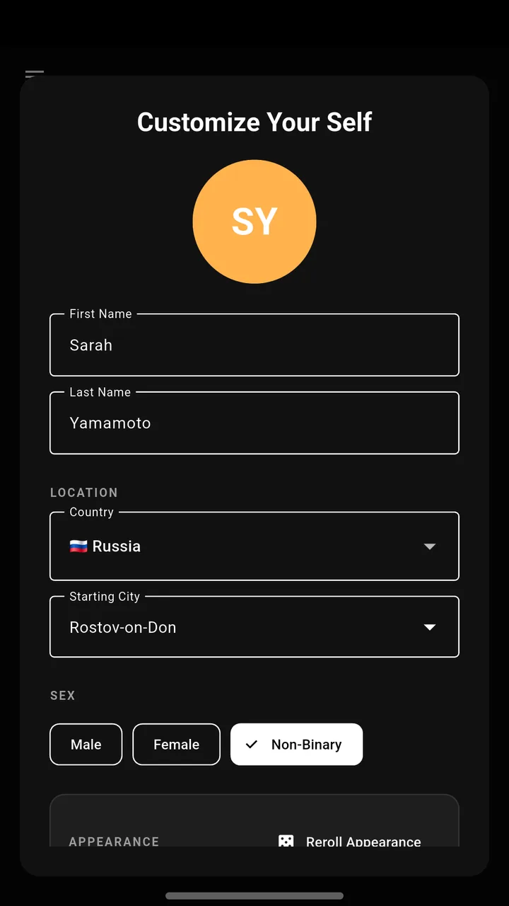 LifeOS character creation with name, country, starting city and sex fields